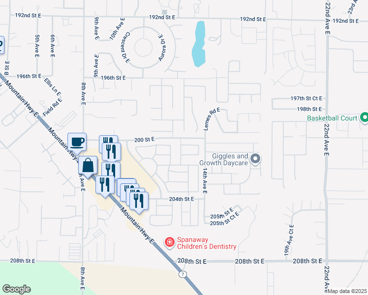 map of restaurants, bars, coffee shops, grocery stores, and more near 1216 200th Street Court East in Spanaway