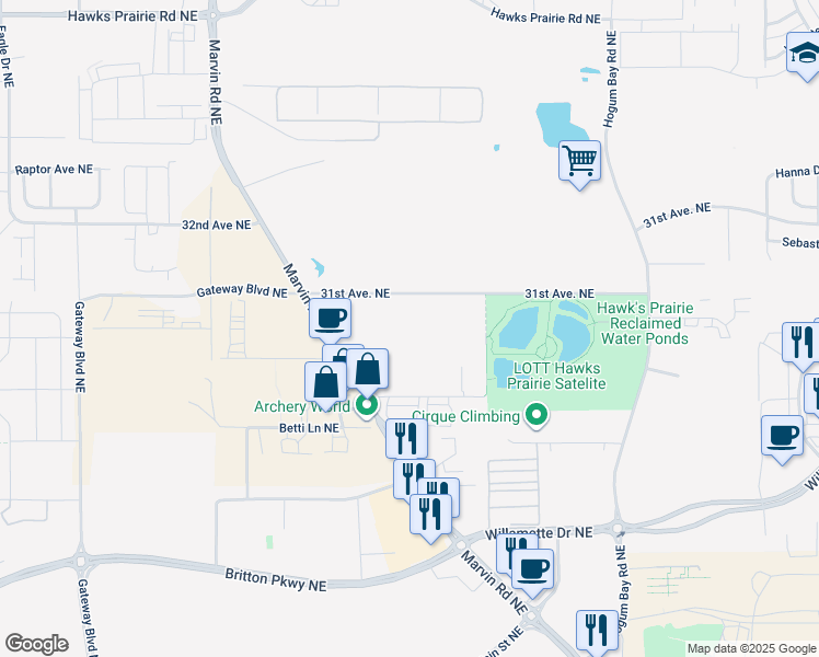 map of restaurants, bars, coffee shops, grocery stores, and more near 3000 Marvin Road Northeast in Olympia