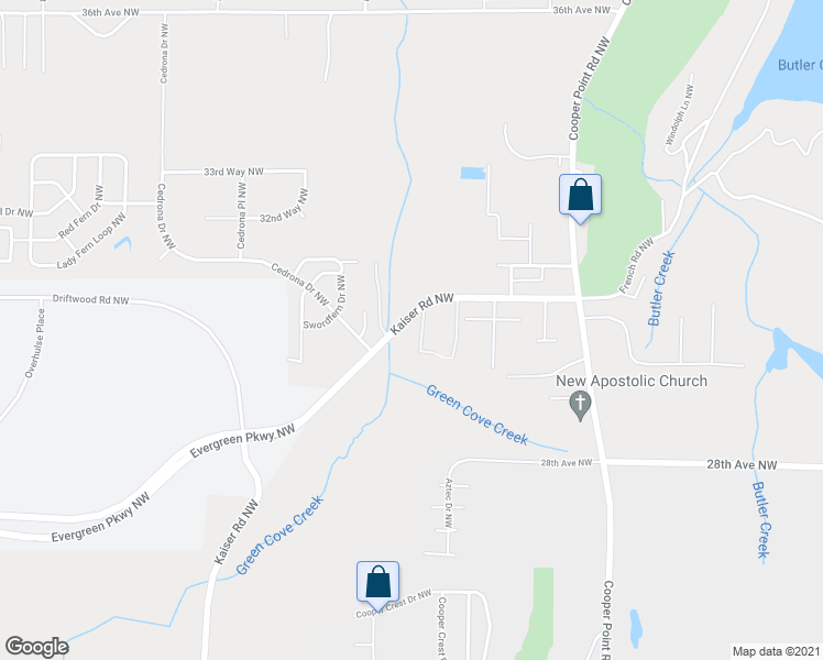 map of restaurants, bars, coffee shops, grocery stores, and more near 3038 Kaiser Road Northwest in Olympia
