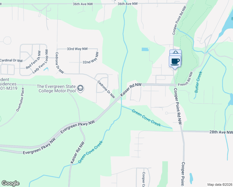 map of restaurants, bars, coffee shops, grocery stores, and more near 2947 Silverleaf Court Northwest in Olympia