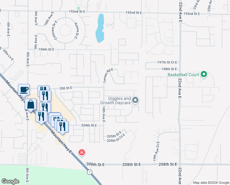 map of restaurants, bars, coffee shops, grocery stores, and more near 1513 201st Street East in Spanaway