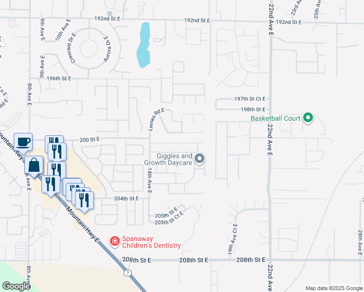 map of restaurants, bars, coffee shops, grocery stores, and more near 1615 201st Street East in Spanaway