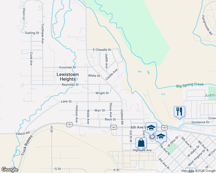map of restaurants, bars, coffee shops, grocery stores, and more near 521 Reynolds Street in Lewistown