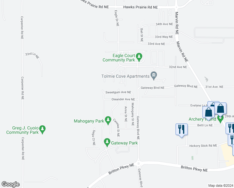 map of restaurants, bars, coffee shops, grocery stores, and more near 6837 Sweetgum Ave NE in Lacey