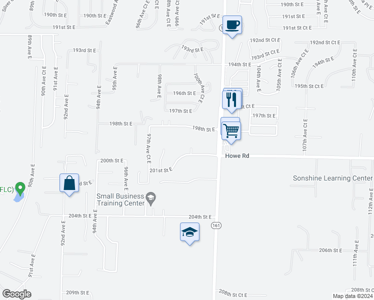 map of restaurants, bars, coffee shops, grocery stores, and more near 19916 100th Avenue Court East in Graham