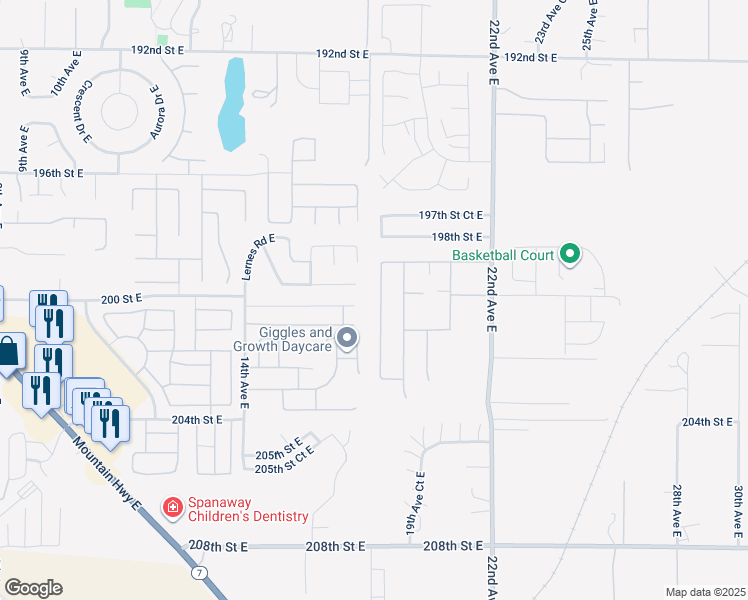 map of restaurants, bars, coffee shops, grocery stores, and more near 20008 18th Avenue Court East in Spanaway