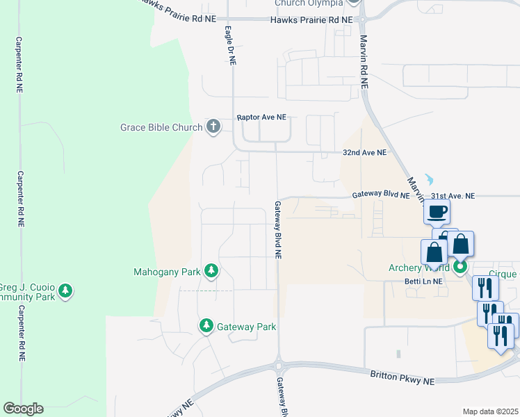 map of restaurants, bars, coffee shops, grocery stores, and more near 6935 Sweetgum Ave NE in Lacey