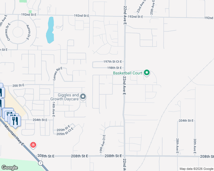 map of restaurants, bars, coffee shops, grocery stores, and more near 2005 201st Street East in Spanaway