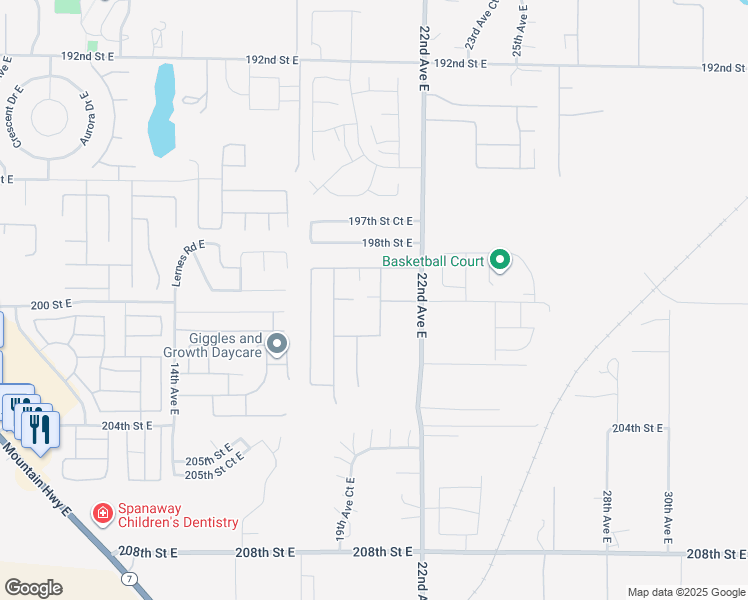 map of restaurants, bars, coffee shops, grocery stores, and more near 20002 20th Avenue Court East in Spanaway