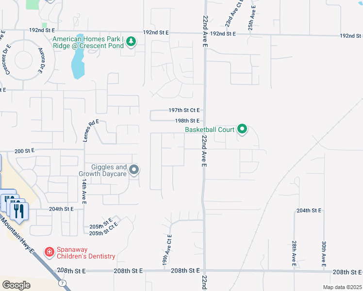 map of restaurants, bars, coffee shops, grocery stores, and more near 19932 20th Avenue Court East in Spanaway