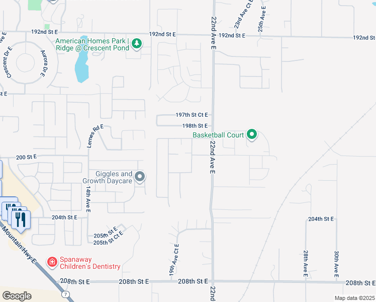 map of restaurants, bars, coffee shops, grocery stores, and more near 19932 20th Avenue Court East in Spanaway