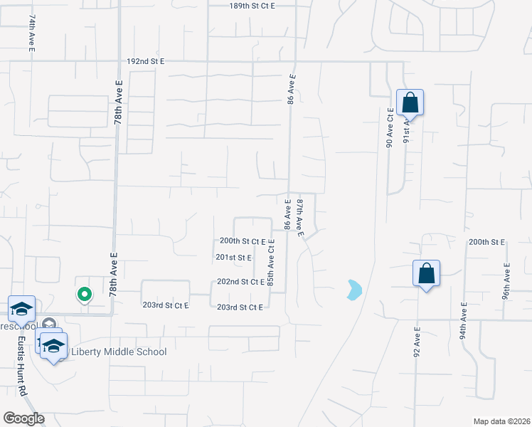 map of restaurants, bars, coffee shops, grocery stores, and more near 8404 198th Street East in Spanaway