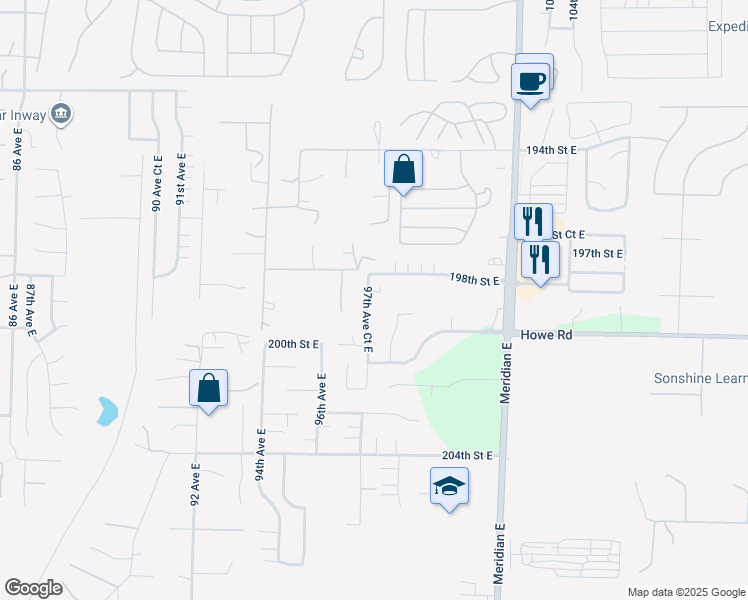 map of restaurants, bars, coffee shops, grocery stores, and more near 19815 97th Avenue Court East in Graham
