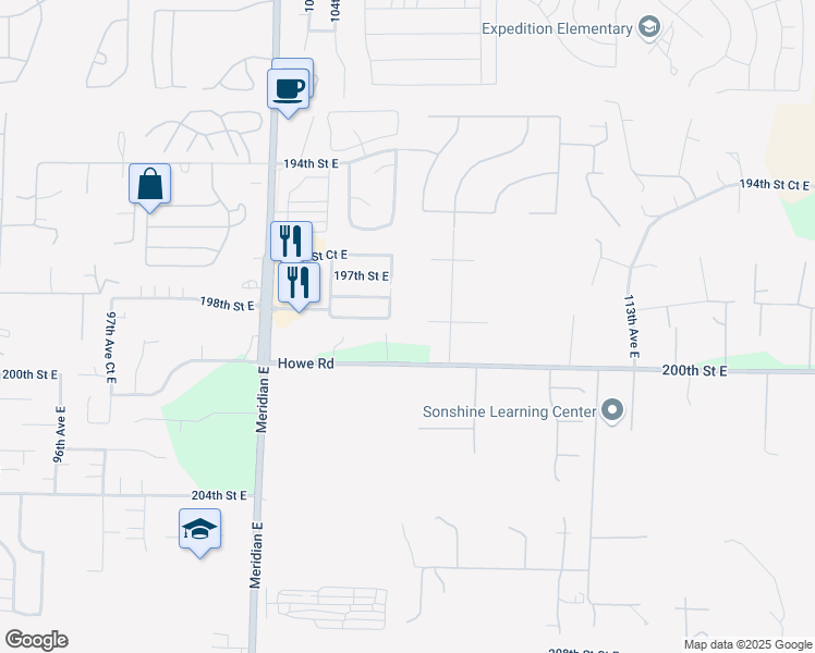 map of restaurants, bars, coffee shops, grocery stores, and more near 10602 199th Street East in Graham