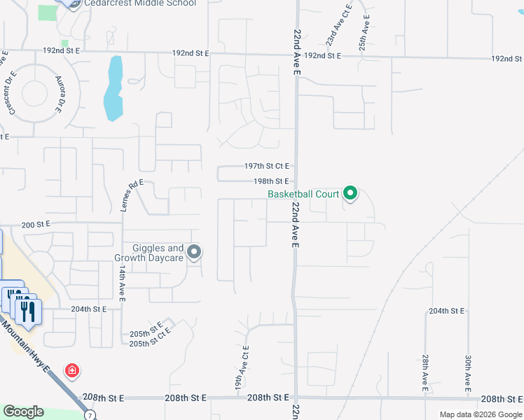 map of restaurants, bars, coffee shops, grocery stores, and more near 2008 199th Street East in Spanaway