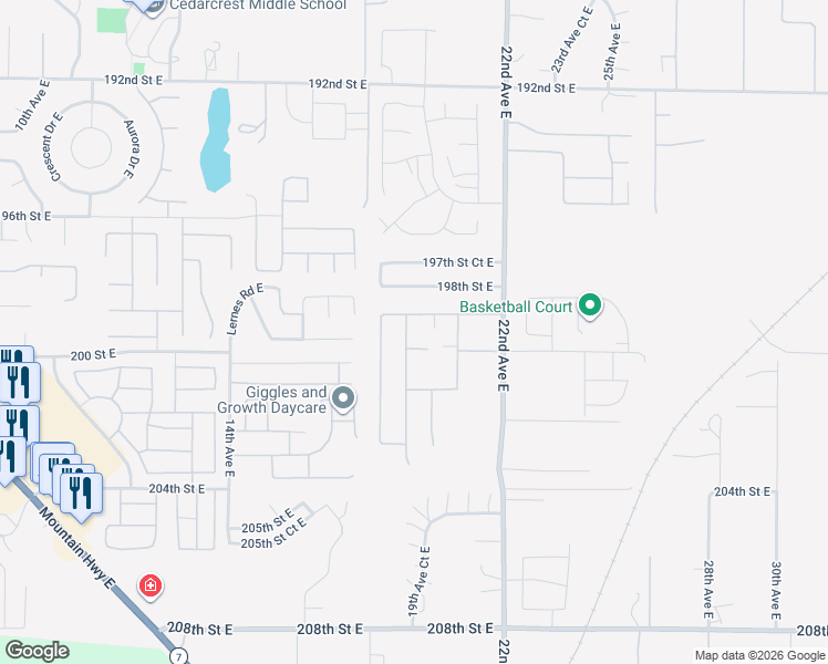 map of restaurants, bars, coffee shops, grocery stores, and more near 19910 19th Avenue East in Spanaway