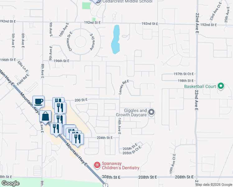 map of restaurants, bars, coffee shops, grocery stores, and more near 19924 14th Avenue East in Spanaway