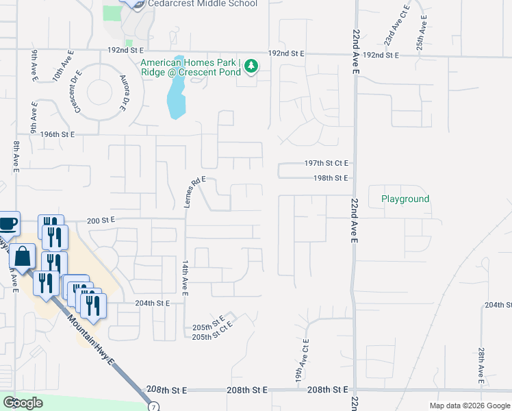 map of restaurants, bars, coffee shops, grocery stores, and more near 1721 199th Street Court East in Spanaway