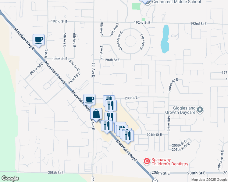 map of restaurants, bars, coffee shops, grocery stores, and more near 19715 8th Avenue East in Spanaway