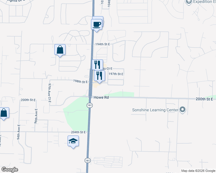 map of restaurants, bars, coffee shops, grocery stores, and more near 10402 198th Street East in Graham