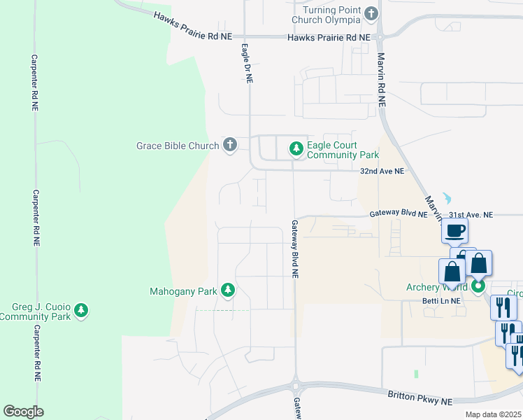 map of restaurants, bars, coffee shops, grocery stores, and more near 6906 Delaney Ln NE in Lacey