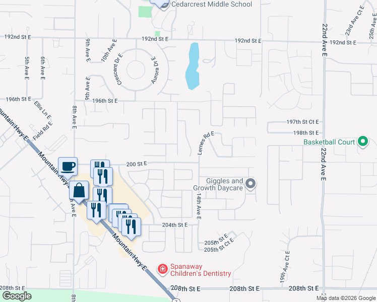 map of restaurants, bars, coffee shops, grocery stores, and more near 19924 14th Avenue East in Spanaway