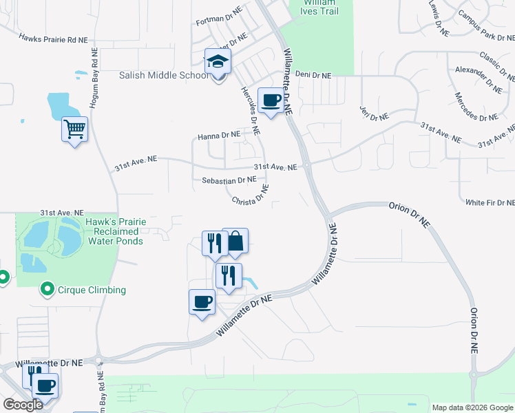 map of restaurants, bars, coffee shops, grocery stores, and more near 8703 Christa Drive Northeast in Lacey