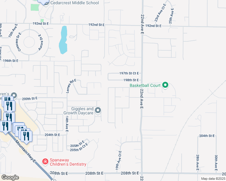 map of restaurants, bars, coffee shops, grocery stores, and more near 19910 19th Avenue East in Spanaway