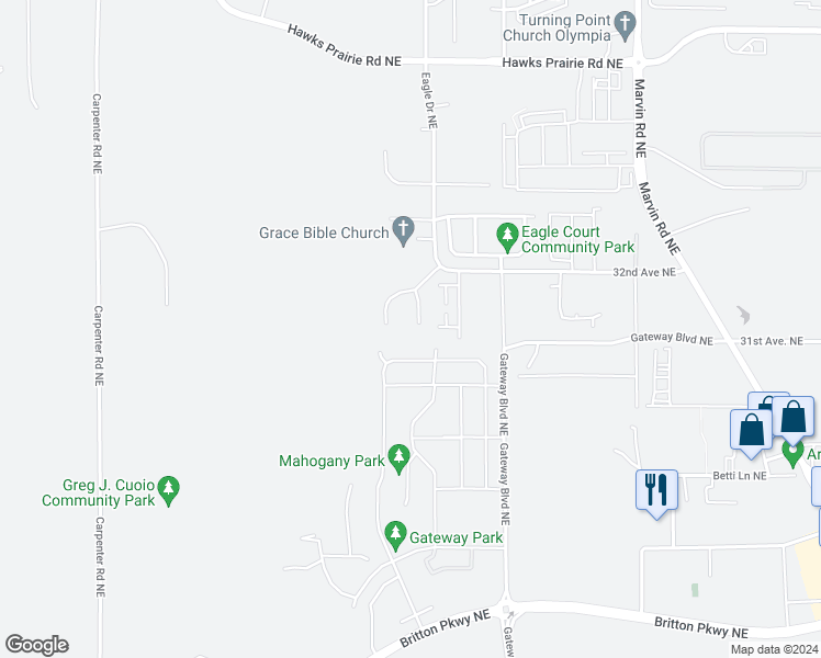 map of restaurants, bars, coffee shops, grocery stores, and more near 3114 Bonanza Drive Northeast in Lacey