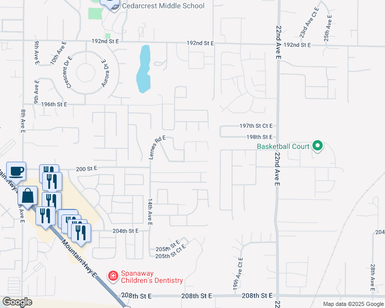 map of restaurants, bars, coffee shops, grocery stores, and more near 19820 16th Avenue Court East in Spanaway
