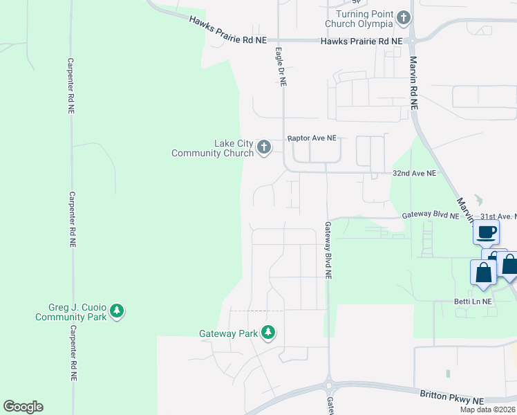 map of restaurants, bars, coffee shops, grocery stores, and more near 3114 Bonanza Drive Northeast in Lacey