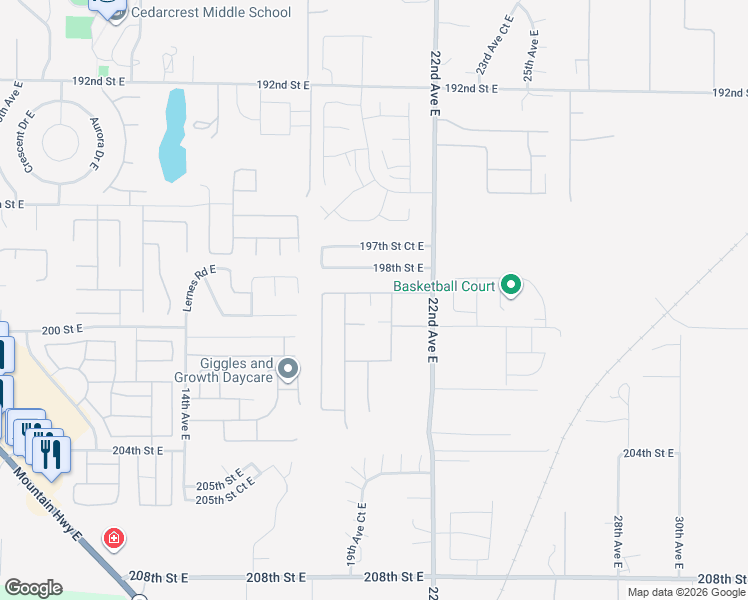 map of restaurants, bars, coffee shops, grocery stores, and more near 2008 199th Street East in Spanaway
