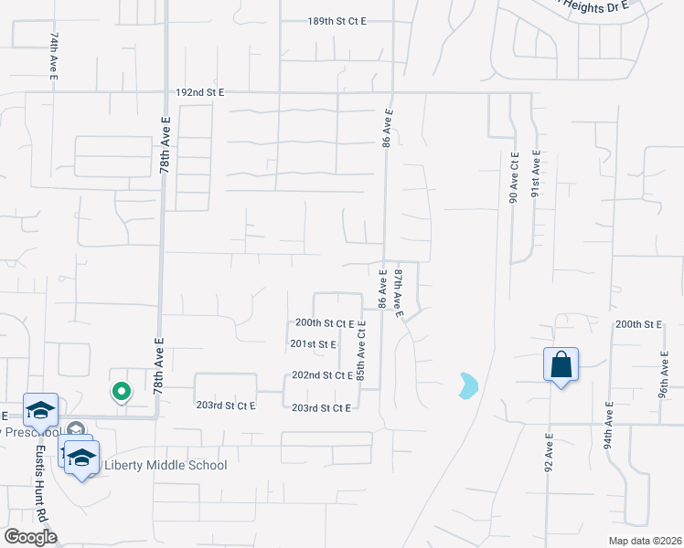 map of restaurants, bars, coffee shops, grocery stores, and more near 8404 198th Street East in Spanaway