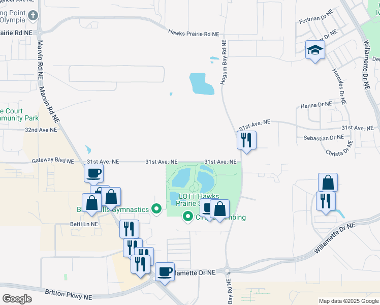 map of restaurants, bars, coffee shops, grocery stores, and more near 8110 31st Avenue Northeast in Lacey