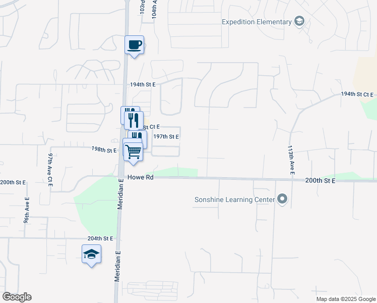 map of restaurants, bars, coffee shops, grocery stores, and more near 10602 199th Street East in Graham