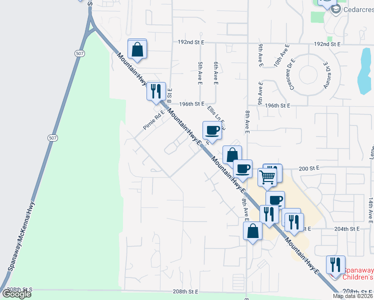map of restaurants, bars, coffee shops, grocery stores, and more near 317 Field Road East in Spanaway
