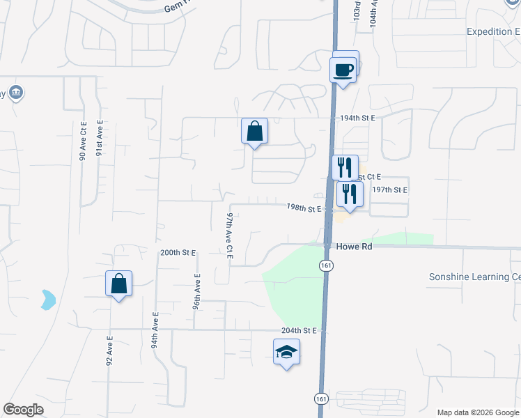 map of restaurants, bars, coffee shops, grocery stores, and more near 9824 198th Street East in Graham