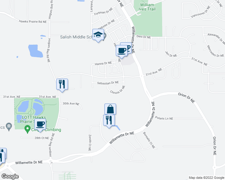 map of restaurants, bars, coffee shops, grocery stores, and more near 8630 Christa Drive Northeast in Lacey