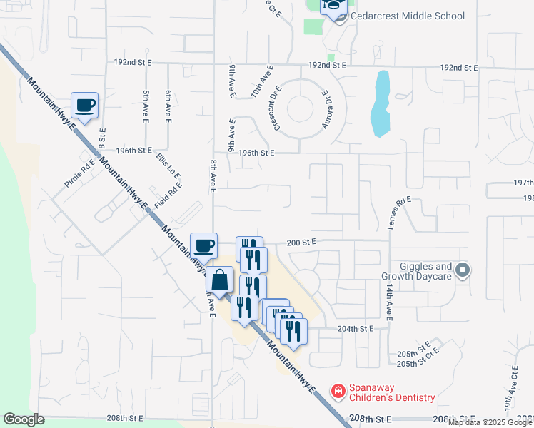 map of restaurants, bars, coffee shops, grocery stores, and more near 19715 8th Avenue East in Spanaway