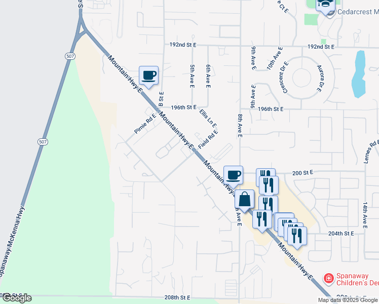 map of restaurants, bars, coffee shops, grocery stores, and more near 402 Field Road East in Spanaway