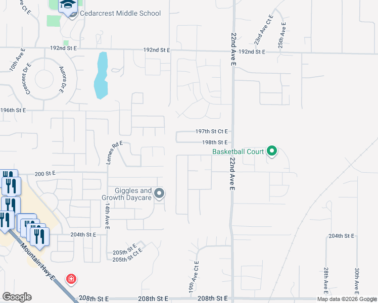 map of restaurants, bars, coffee shops, grocery stores, and more near 19910 19th Avenue East in Spanaway