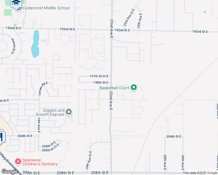 map of restaurants, bars, coffee shops, grocery stores, and more near 2125 199th Street East in Spanaway