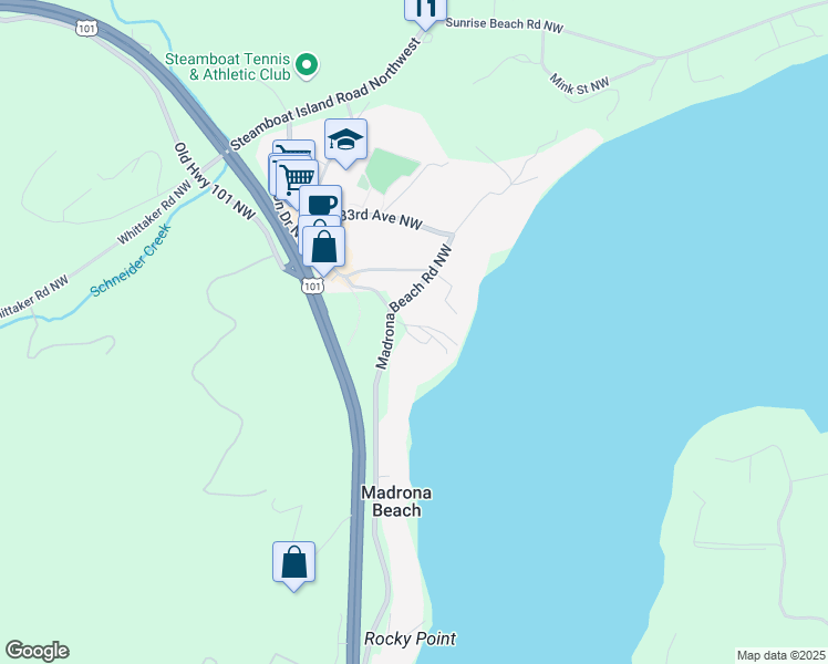map of restaurants, bars, coffee shops, grocery stores, and more near 3124 Madrona Beach Road Northwest in Olympia