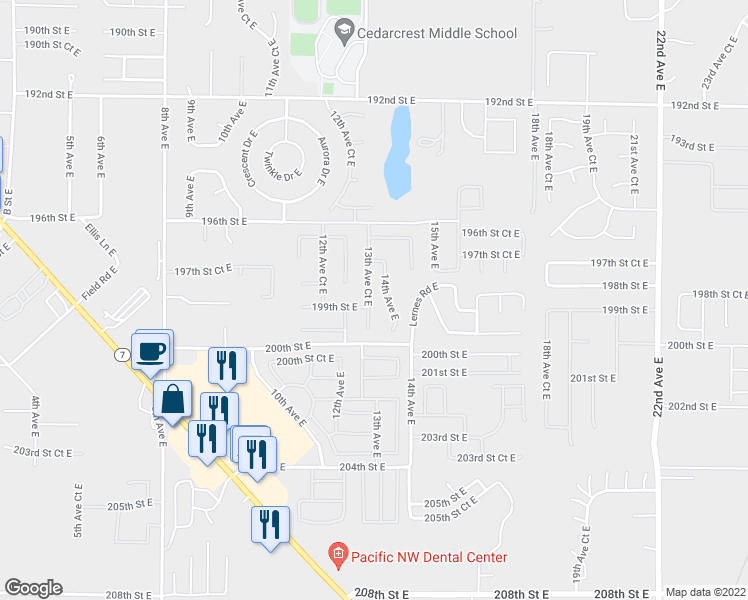 map of restaurants, bars, coffee shops, grocery stores, and more near 19813 13th Avenue Court East in Spanaway