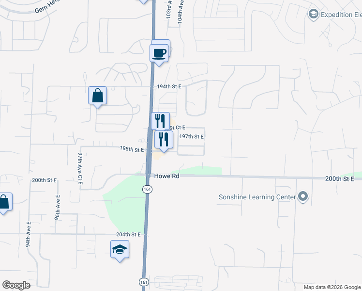 map of restaurants, bars, coffee shops, grocery stores, and more near 10402 198th Street East in Graham