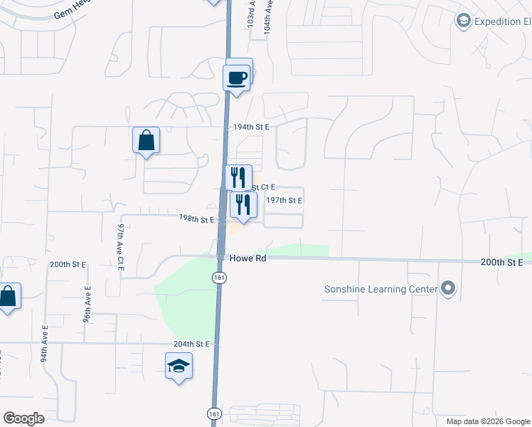 map of restaurants, bars, coffee shops, grocery stores, and more near 10402 198th Street East in Graham