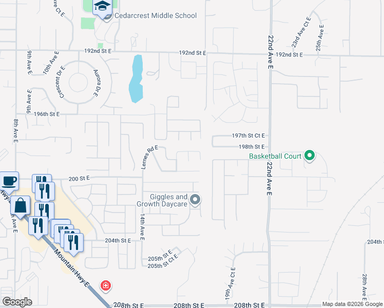 map of restaurants, bars, coffee shops, grocery stores, and more near 19820 16th Avenue Court East in Spanaway