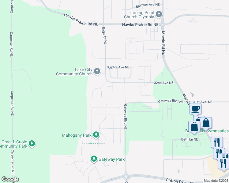 map of restaurants, bars, coffee shops, grocery stores, and more near 7201 32nd Avenue Northeast in Olympia