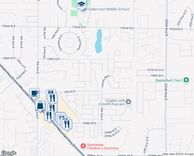 map of restaurants, bars, coffee shops, grocery stores, and more near 19811 14th Avenue East in Spanaway
