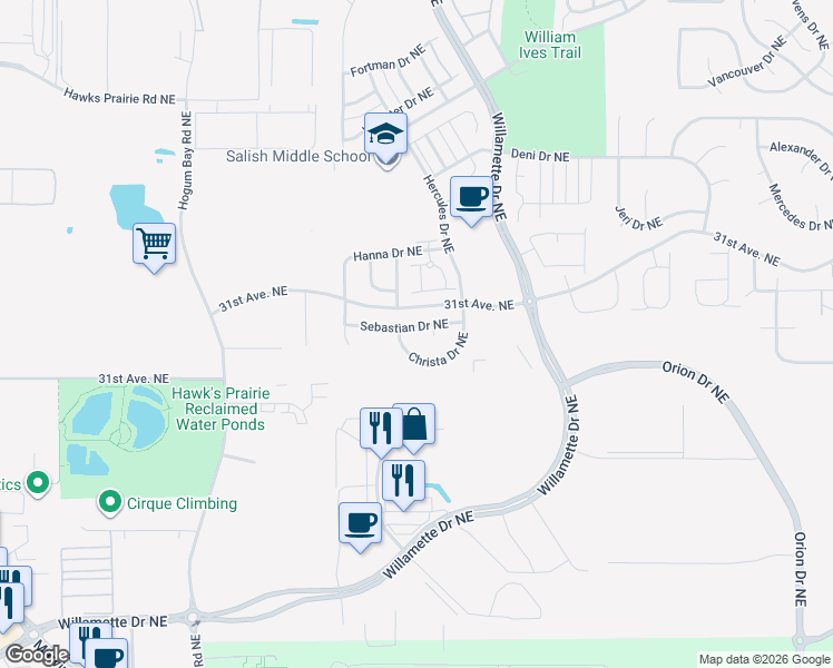 map of restaurants, bars, coffee shops, grocery stores, and more near 8621 Sebastian Drive Northeast in Lacey